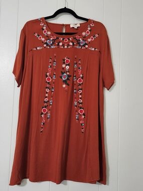 Umgee Boho Embroidered Tunic Dress 2XL Rust Floral Rayon Peasant Shift